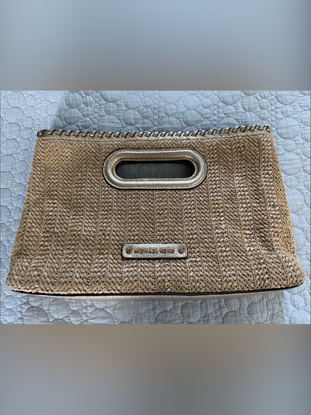 MICHAEL Michael Kors Tan Woven Straw Clutch with Gold Metallic Trim
